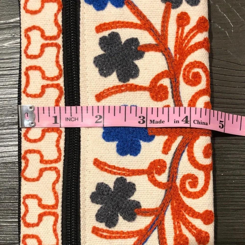 Embroidered Floral Canvas Wristlet Clutch in Cream, Blue & Orange